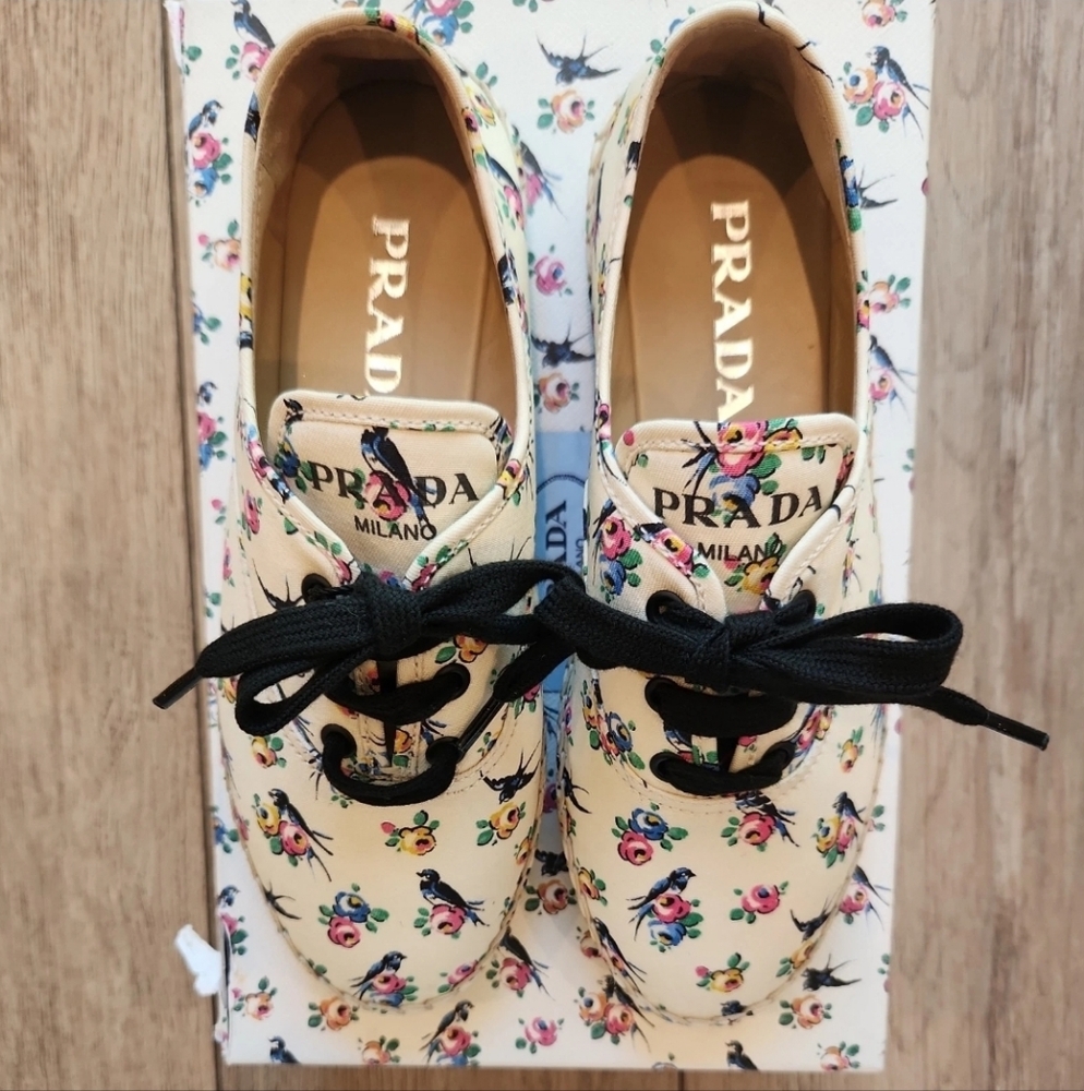 Prada Womens Floral Cream Sneakers - Picture 2 of 12